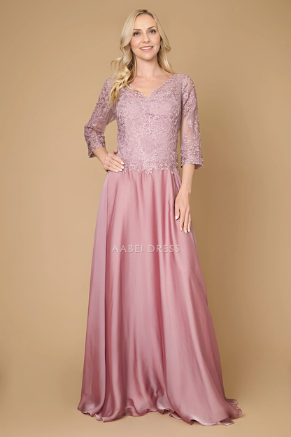 AABEI DRESS Formal Wear Dresse Fashion A Line Long Sleeve V Neck Lace Dress Exquisite Long Mother Of The Bride Dress