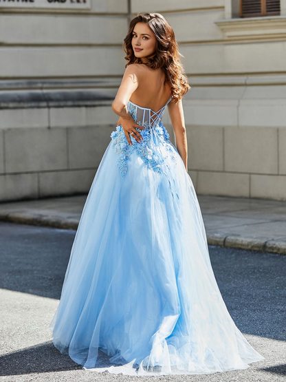 Appliqued Prom Dress Flower Bodice High Slit Tulle Dress