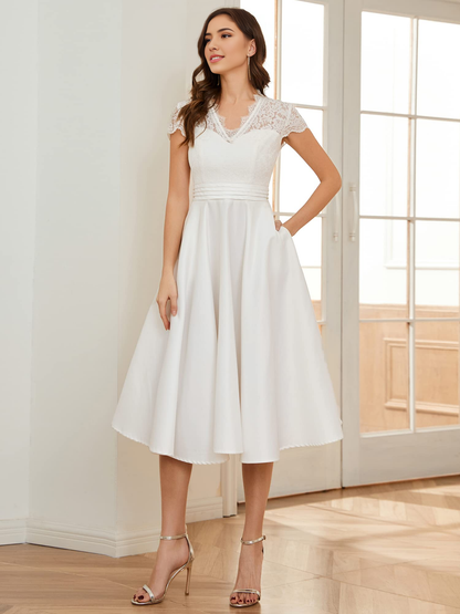 Wedding Dress A-line V-neck Lace See-through Pleated Simple Formal Women's Dresses