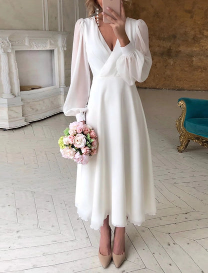 Simple Wedding Dresses Little Dresses A-Line V Neck For Wedding Reception Lantern Sleeve Ankle Length Chiffon Shower With Solid Color Bridal Gowns