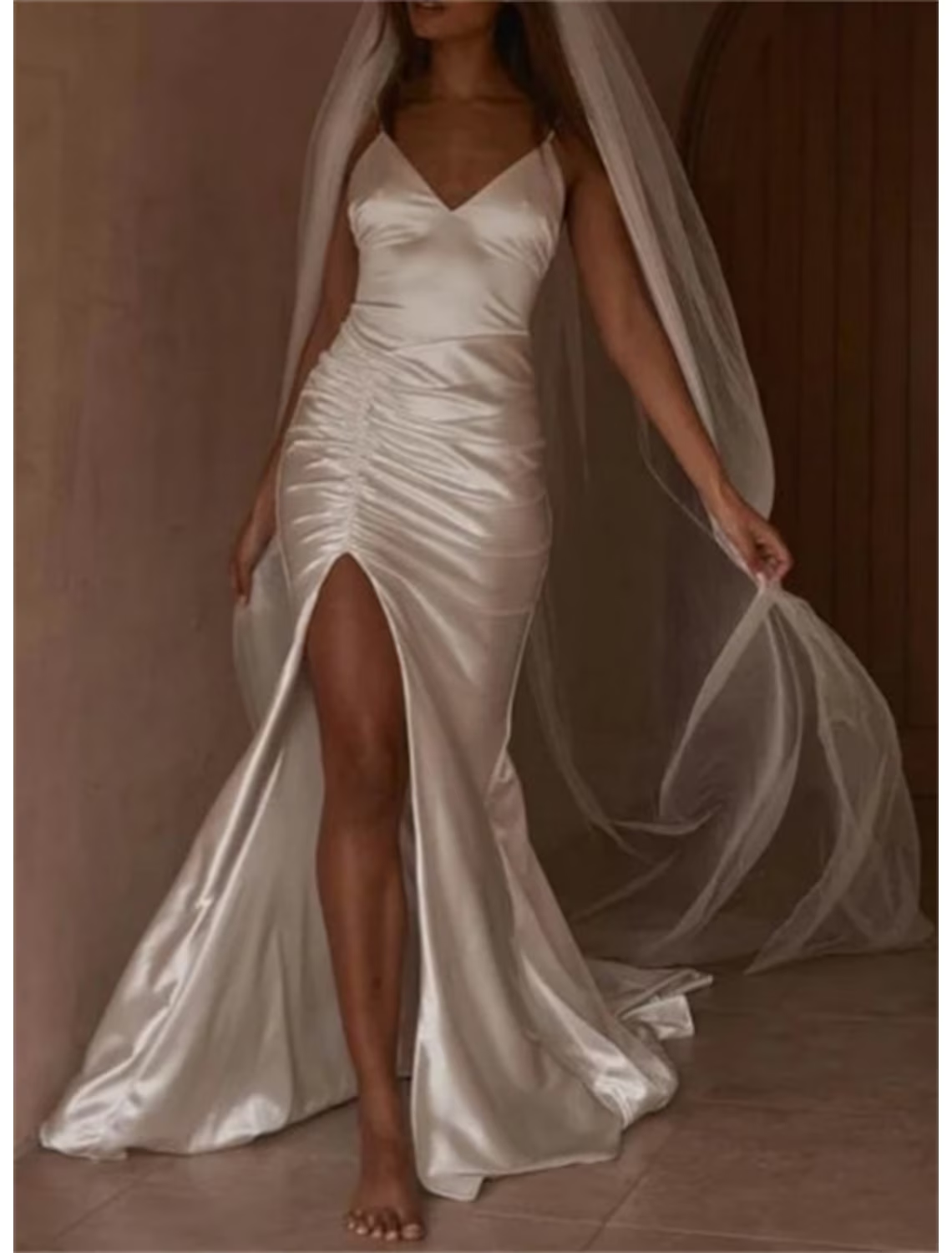 Hall Casual Wedding Dresses Court Train Mermaid / Trumpet Sleeveless Spaghetti Strap Jewel Neck Satin With Ruched Split Front