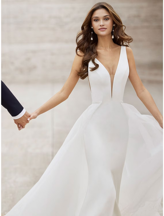 Beach Wedding Dresses Court Train Two Piece Sleeveless V Neck Satin With Pattern