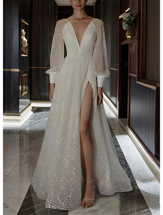 Beach A-Line V Neck Long Sleeve Floor Length Sequined Wedding Dresses Bridal Gowns