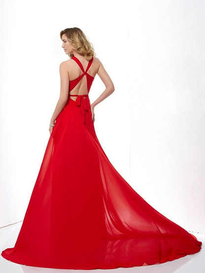 Christmas Dress A-Line Halter Sleeveless Long Chiffon Backless Formal Elegant Evening Dresses