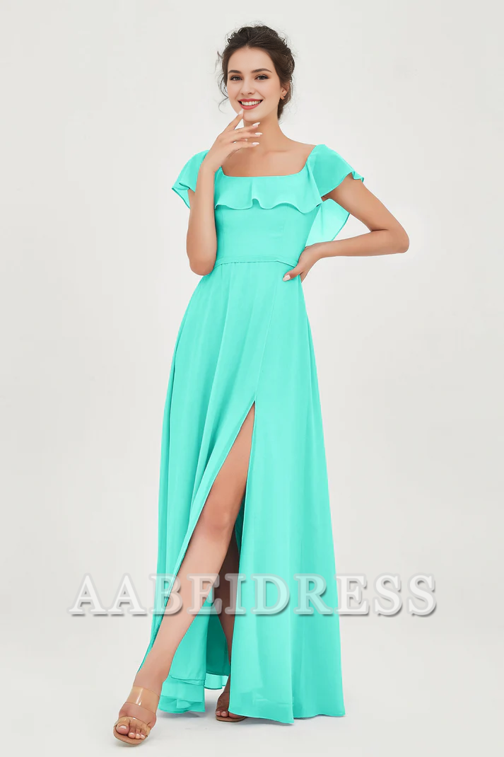 AABEI DRESS Bridesmaid Dresses Chiffon A-Line Square Neckline Flutter Sleeves Ruffle Side Fork Elegant Simple Wedding Guests Dresse