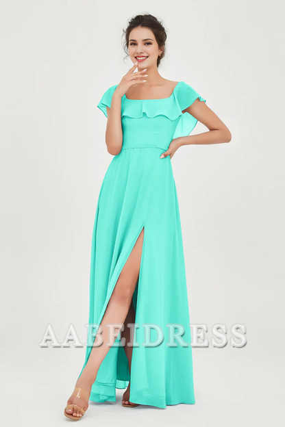 AABEI DRESS Bridesmaid Dresses Chiffon A-Line Square Neckline Flutter Sleeves Ruffle Side Fork Elegant Simple Wedding Guests Dresse
