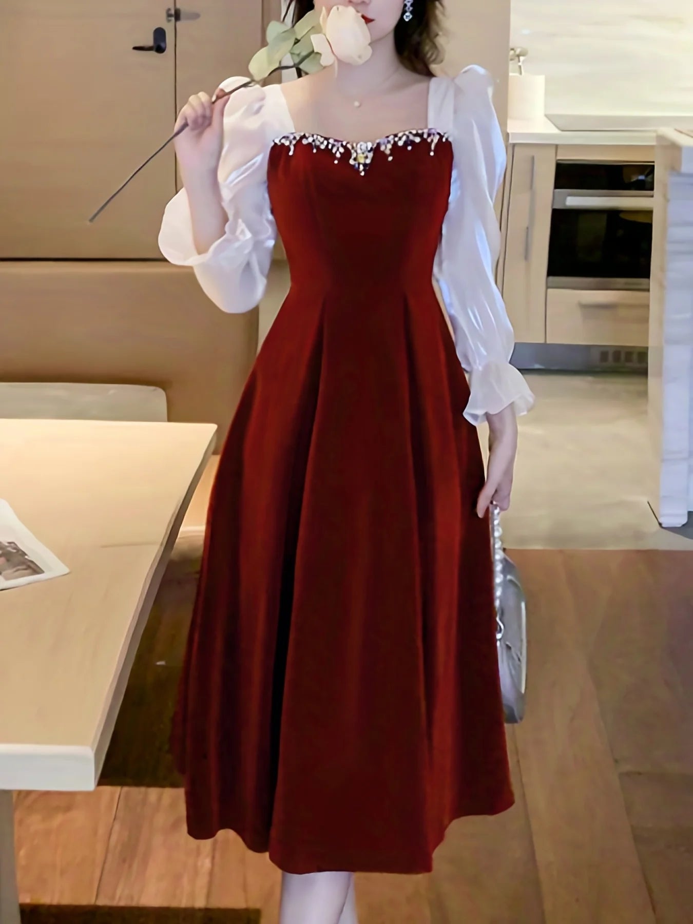 December Wedding Guest Dress Color Block Ruffle Trim Long Sleeves Dress  Bead string Sweet heart Neck Elegant Party Dress