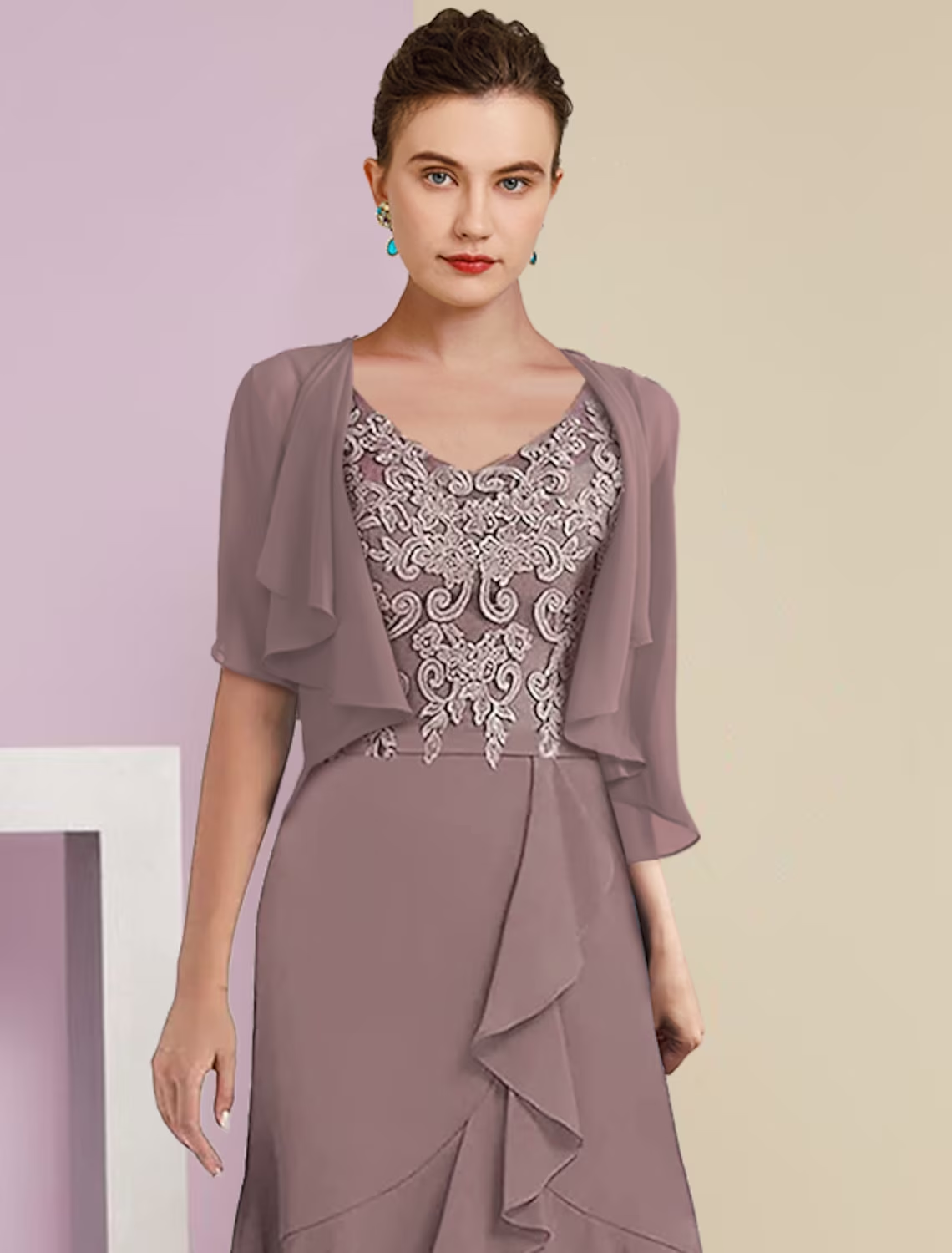 Two Piece A-Line Mother of the Bride Dress Formal Wedding Guest Elegant High Low V Neck Asymmetrical Tea Length Chiffon Lace Short Sleeve 3/4 Length Sleeve Wrap Included with Appliques