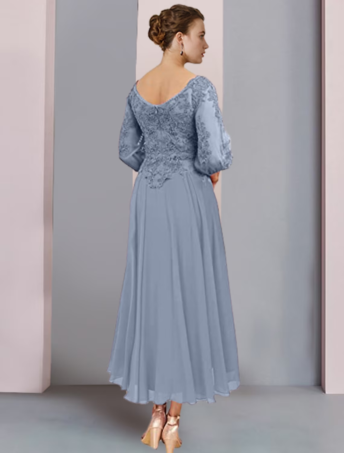 A-Line Mother of the Bride Dress Formal Wedding Guest Elegant V Neck Tea Length Chiffon Lace 3/4 Length Sleeve Wrap Included with Pleats Appliques