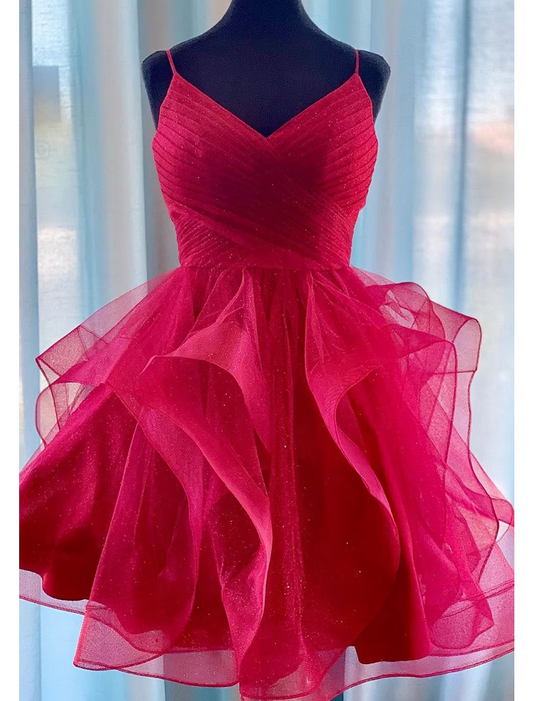 Ball Gown Homecoming Dresses Glittering Dress Party Wear Short / Mini Sleeveless Spaghetti Strap Tulle with Glitter