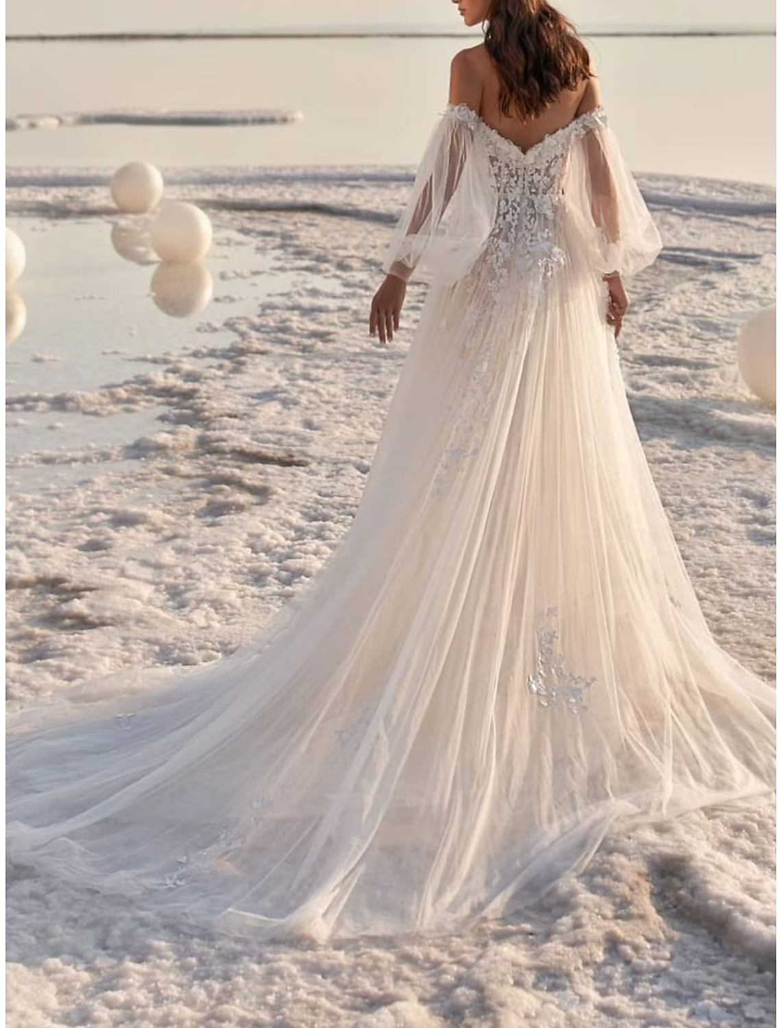 Beach Formal Wedding Dresses Court Train A-Line Long Sleeve One Shoulder Lace With Appliques