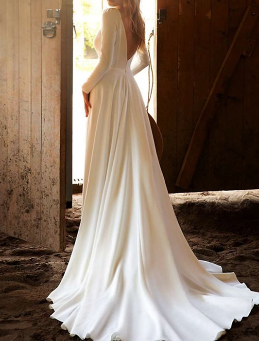 Hall Casual Wedding Dresses Chapel Train A-Line Long Sleeve V Neck Cotton Blend With Pleats Solid Color