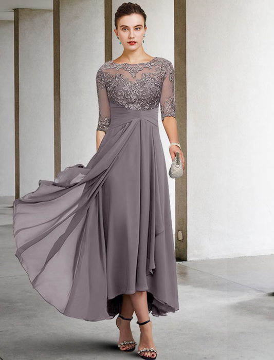 A-Line Mother of the Bride Dress Plus Size Elegant High Low V Neck Asymmetrical Ankle Length Chiffon Lace Half Sleeve with Beading Appliques