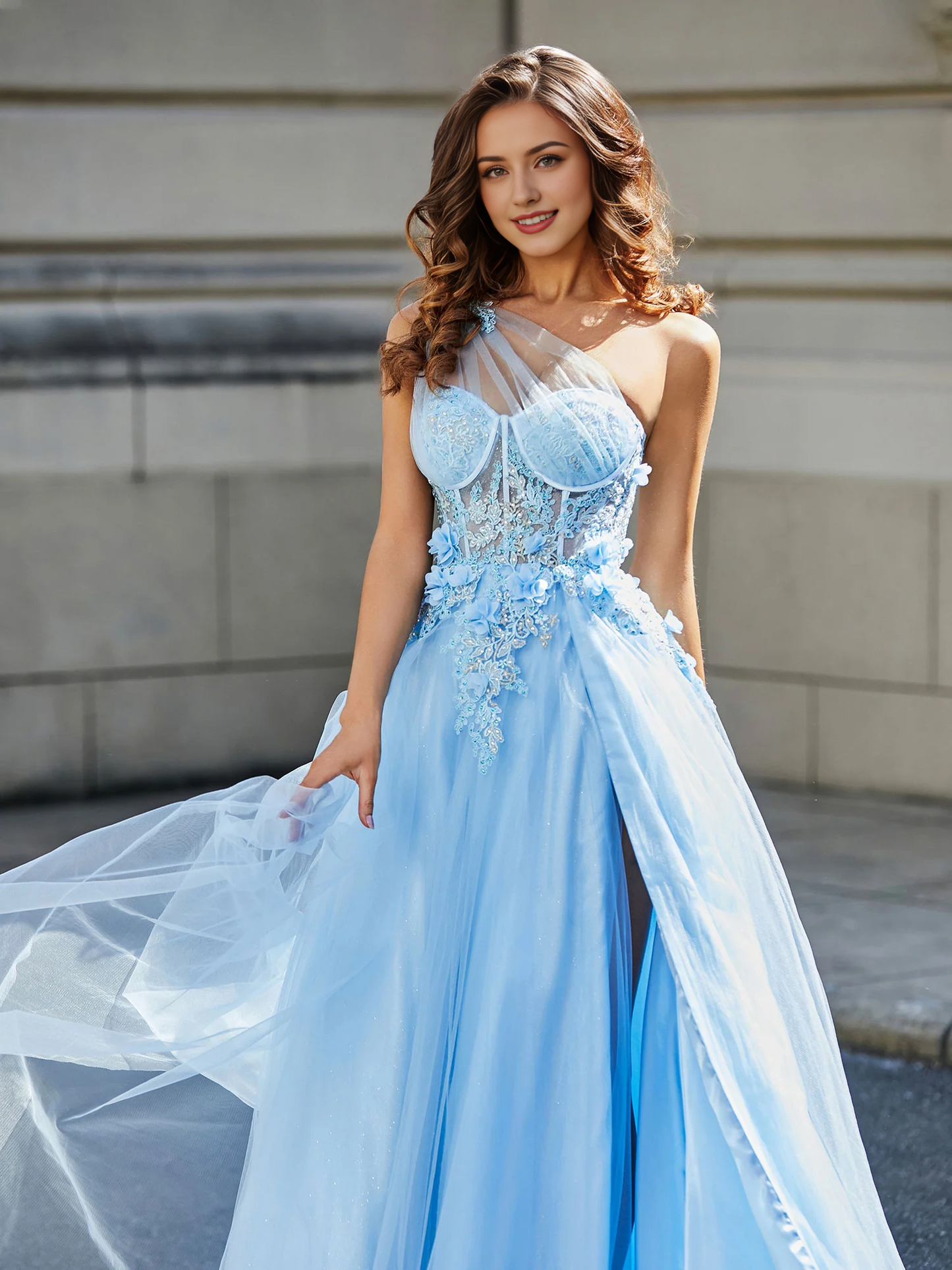 Appliqued Prom Dress Flower Bodice High Slit Tulle Dress