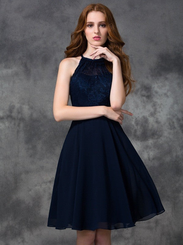 A-line/Princess Halter Lace Sleeveless Short Chiffon Bridesmaid Dresses