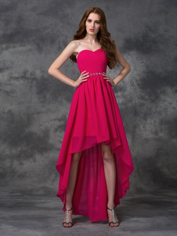 A-line/Princess Sweetheart Beading Sleeveless High Low Chiffon Bridesmaid Dresses