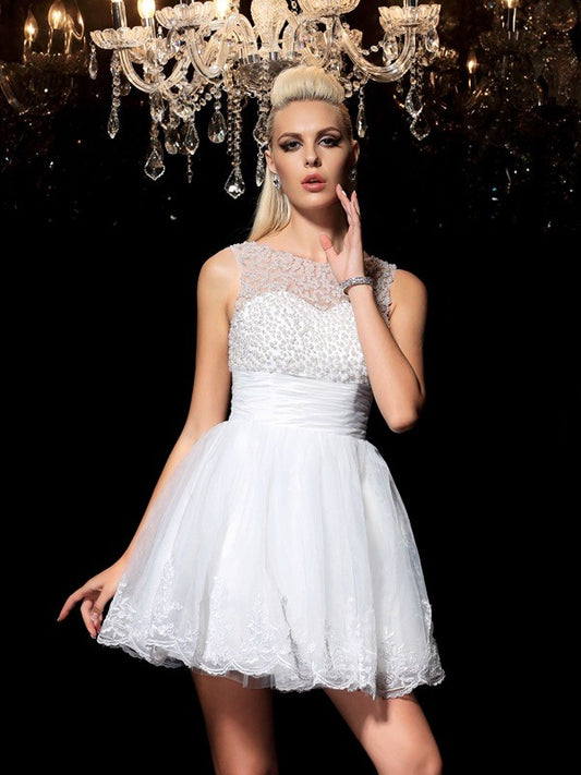 A-Line/Princess Sheer Neck Beading Sleeveless Short  Woven Satin Cocktail Dresses