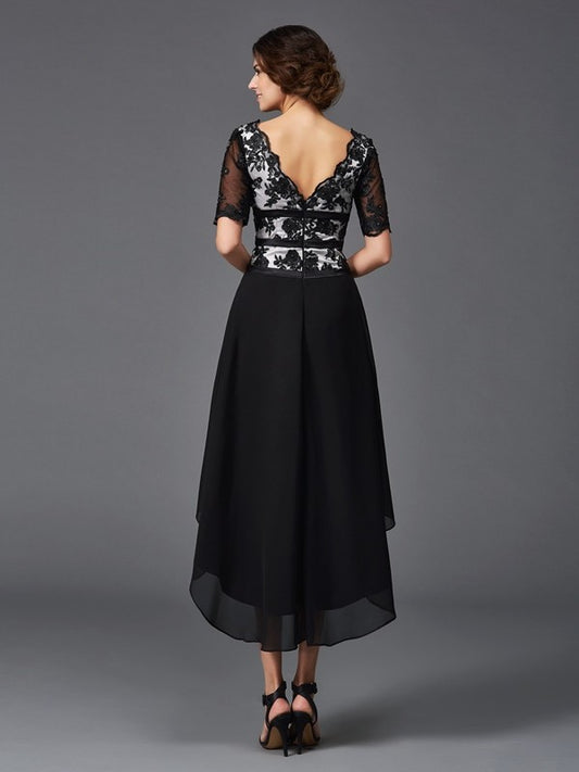 A-Line/Princess V-neck Lace 1/2 Sleeves High Low Chiffon Dresses