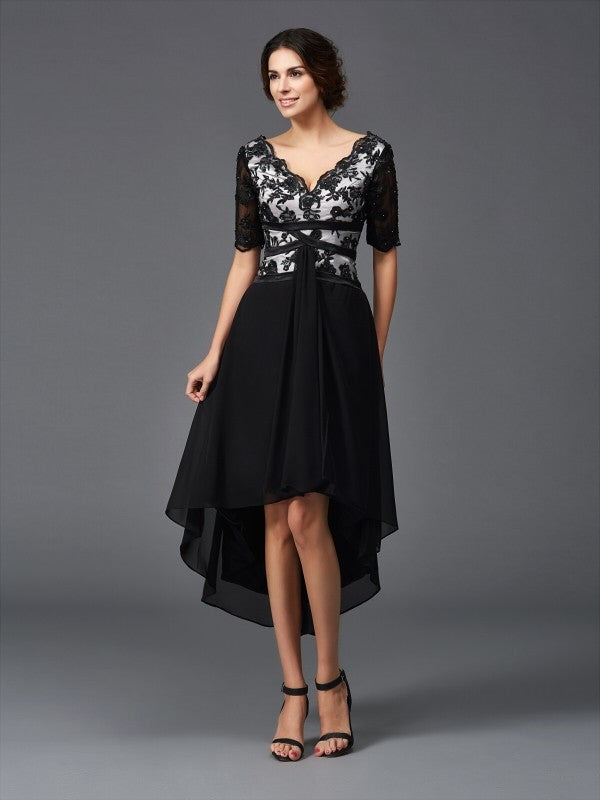 A-Line/Princess V-neck Lace 1/2 Sleeves High Low Chiffon Dresses