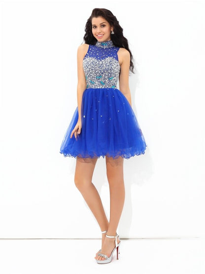 A-Line/Princess High Neck Beading Sleeveless Short Net Cocktail Dresses     A-Line/Princess High Neck Beading Sleeveless Short Net Cocktail Dresses