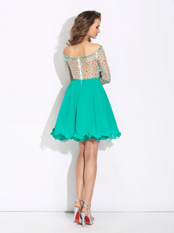 A-Line/Princess Off-the-Shoulder Beading 1/2 Sleeves Short Chiffon Dresses