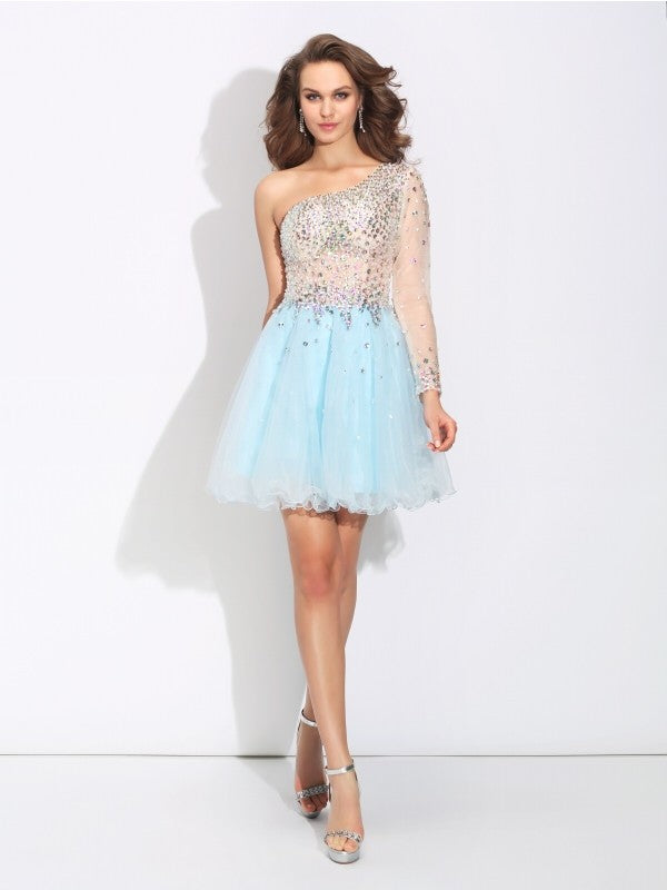 A-Line/Princess One-Shoulder Beading Long Sleeves Short  Woven Satin Dresses