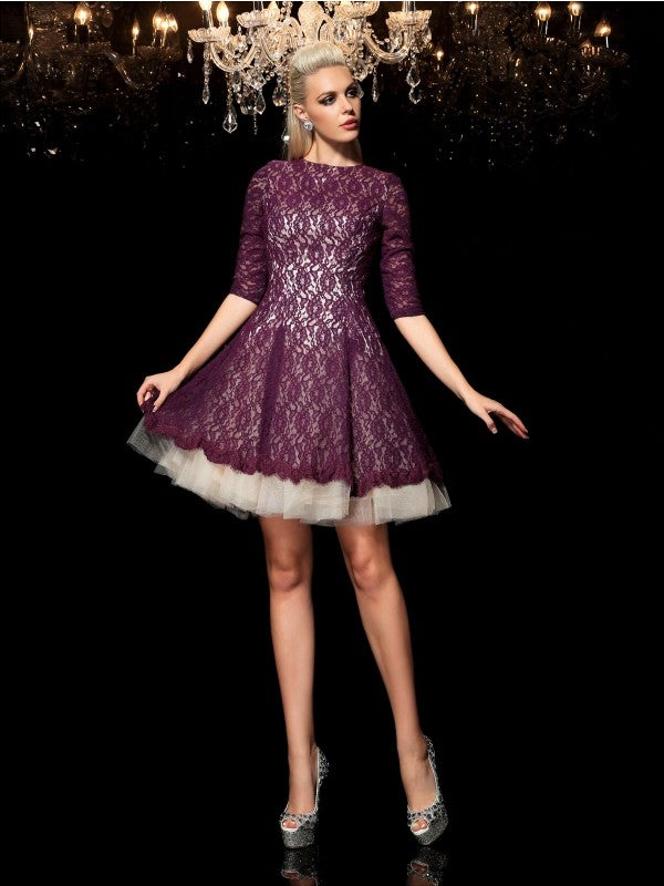 A-Line/Princess Sheer Neck Lace 1/2 Sleeves Short Lace Cocktail Dresses