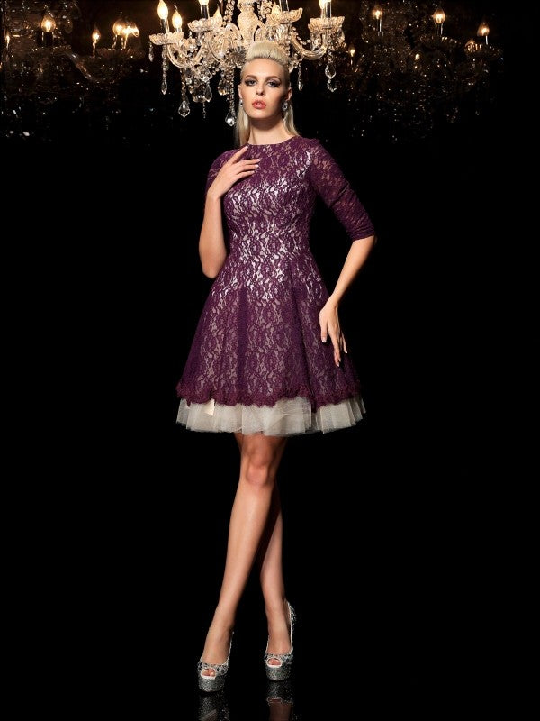 A-Line/Princess Sheer Neck Lace 1/2 Sleeves Short Lace Cocktail Dresses