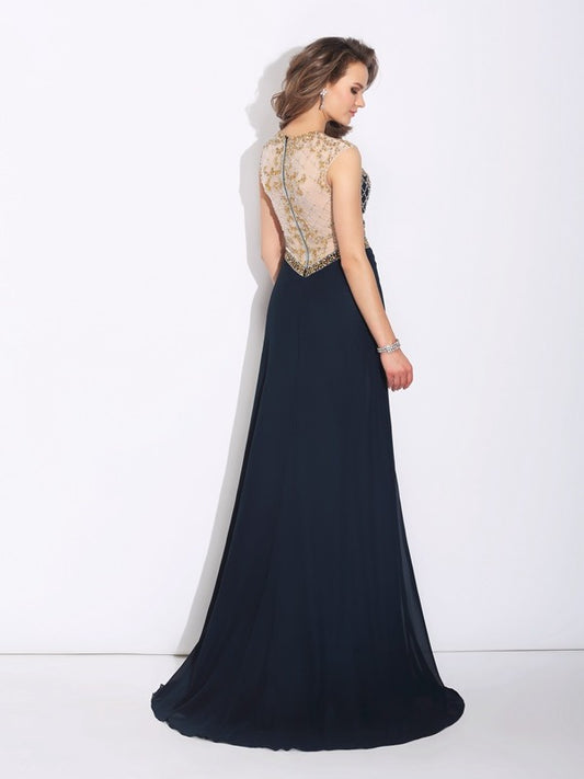 A-Line/Princess Jewel Beading Sleeveless Long Chiffon Dresses