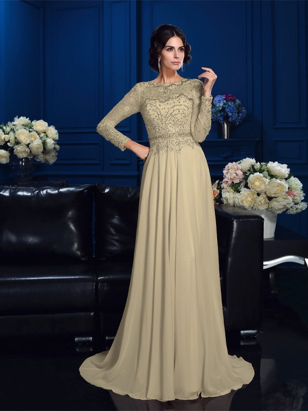 A-Line/Princess Scoop Beading Long Sleeves Long Chiffon Mother of the Bride Dresses