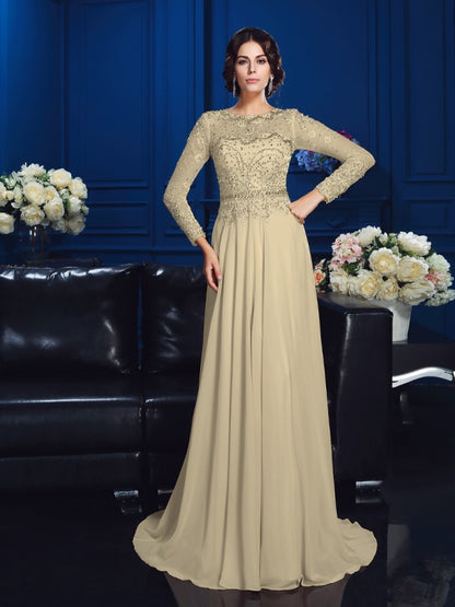 A-Line/Princess Scoop Beading Long Sleeves Long Chiffon Mother of the Bride Dresses