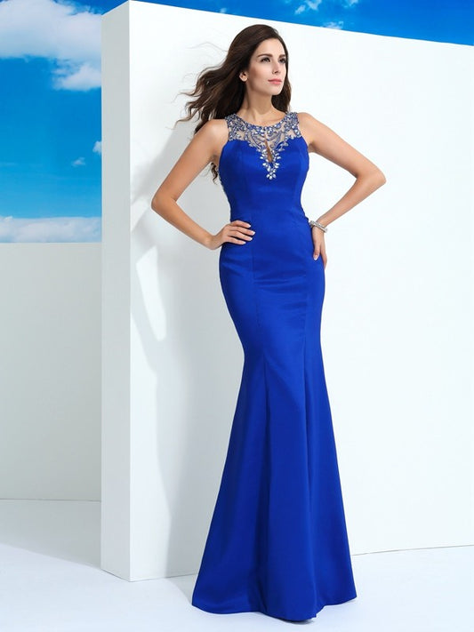 Sheath/Column Sheer Neck Beading Sleeveless Long Satin Dresses