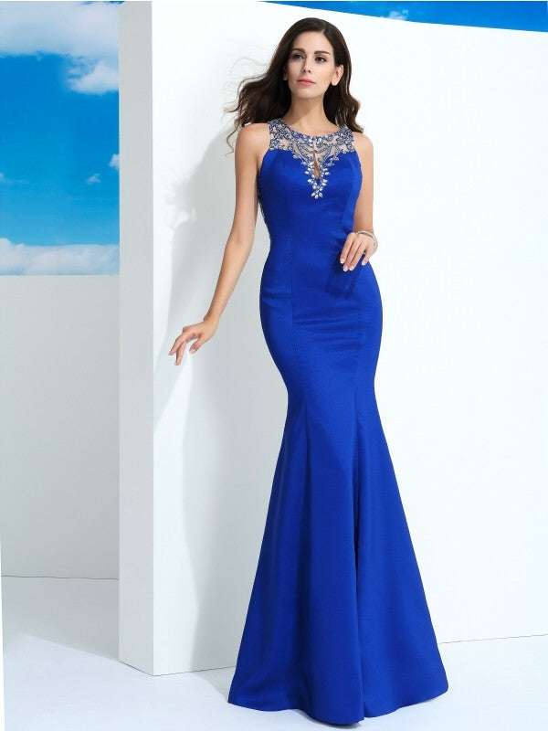 Sheath/Column Sheer Neck Beading Sleeveless Long Satin Dresses