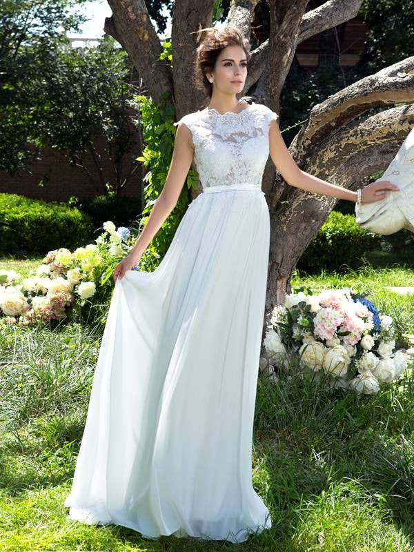 A-Line/Princess Scoop Sleeveless Applique Long Chiffon Dresses