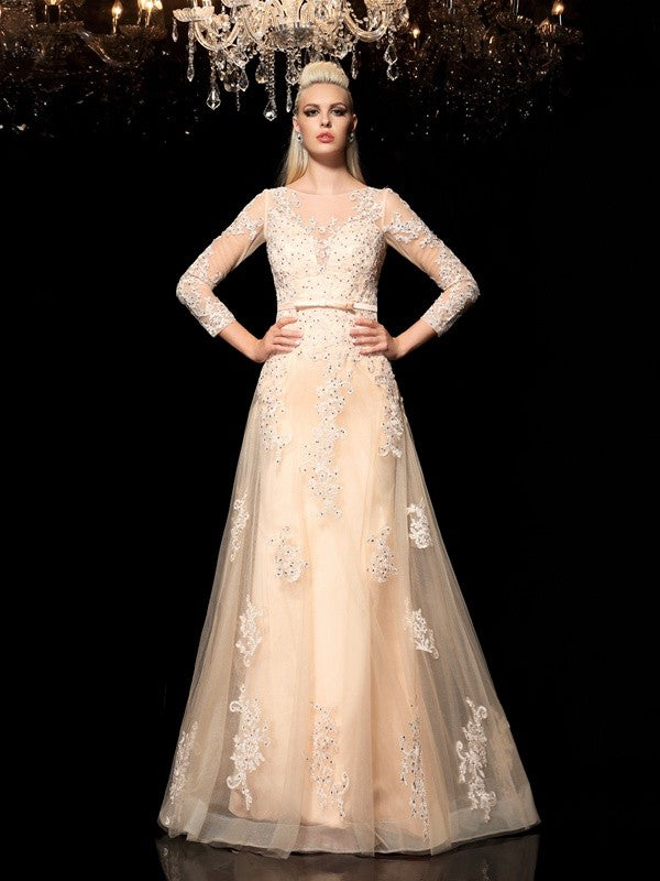 A-Line/Princess Sheer Neck Applique Long Sleeves Long Satin Dresses