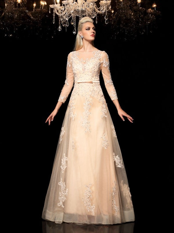 A-Line/Princess Sheer Neck Applique Long Sleeves Long Satin Dresses