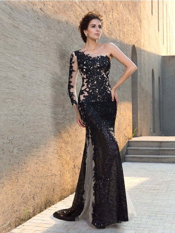 Sheath/Column One-Shoulder Sequin Long Sleeves Long Lace Dresses