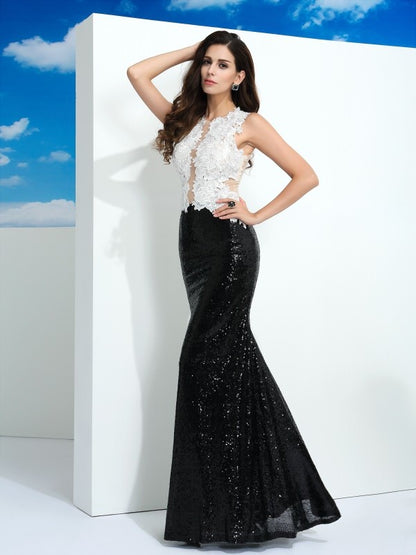 Sheath/Column Scoop Paillette Sleeveless Long Lace Dresses