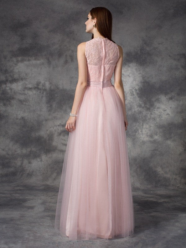 A-line/Princess Bateau Hand-Made Flower Sleeveless Long Net Dresses