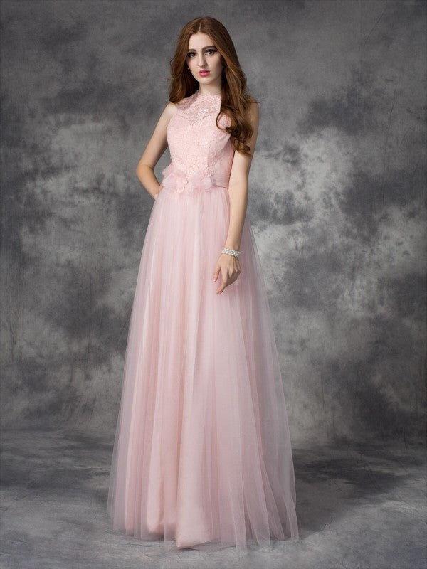 A-line/Princess Bateau Hand-Made Flower Sleeveless Long Net Dresses