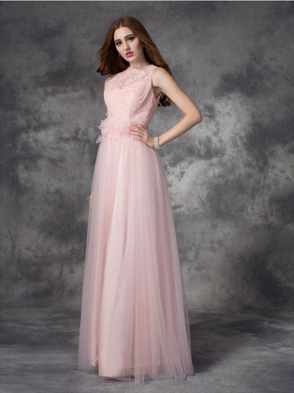 A-line/Princess Bateau Hand-Made Flower Sleeveless Long Net Dresses