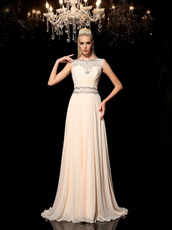 A-Line/Princess Sheer Neck Beading Sleeveless Long Chiffon Dresses