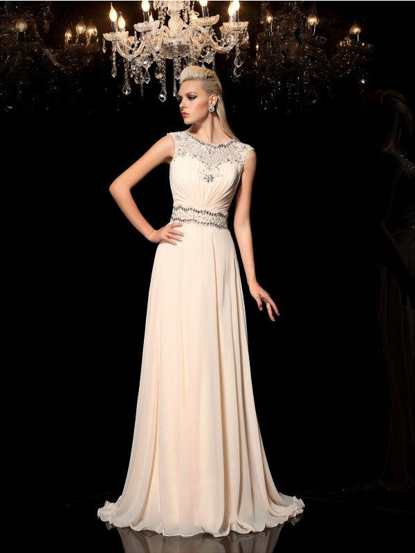 A-Line/Princess Sheer Neck Beading Sleeveless Long Chiffon Dresses