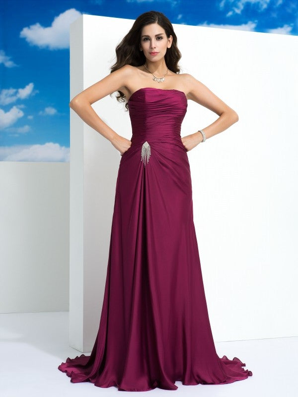 A-Line/Princess Strapless Pleats Sleeveless Long Satin Chiffon Dresses