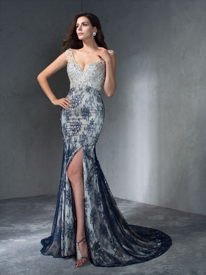 Trumpet/Mermaid V-neck Beading Sleeveless Long Lace Dresses