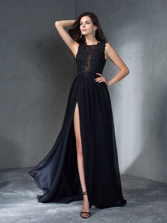 A-Line/Princess Scoop Applique Sleeveless Long Chiffon Dresses