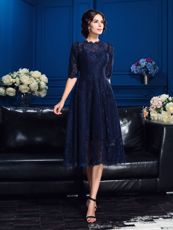 Mother of the Bride Dresses A-Line Jewel Lace 1/2 Sleeves Short Lace