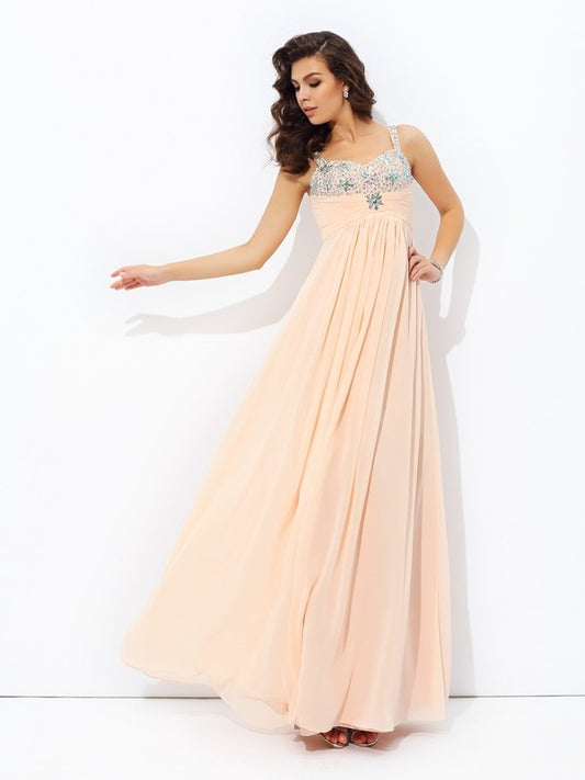 A-line/Princess Spaghetti Straps Beading Sleeveless Long Chiffon Dresses