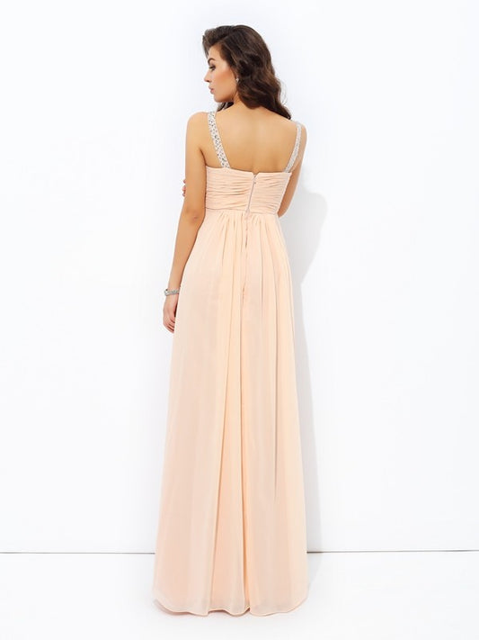 A-line/Princess Spaghetti Straps Beading Sleeveless Long Chiffon Dresses