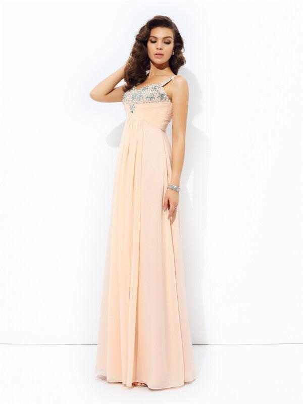 A-line/Princess Spaghetti Straps Beading Sleeveless Long Chiffon Dresses